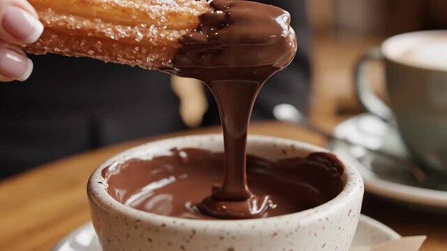 A woman dips a sugar-coated churro into a bowl of melted chocolate. Close-up of a delicious traditional Spanish dessert. Indulgent sweet food concept