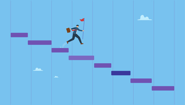 Businessman project manager jump on project management Gantt chart. Project management waterfall Gantt chart to track complete tasks and workflow to deliver or launch target timeline.