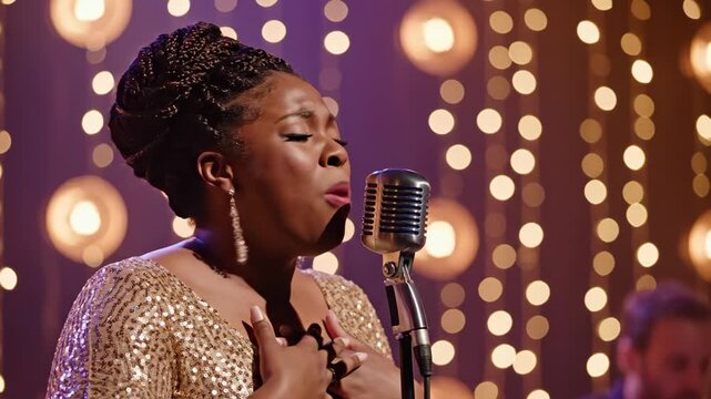 A passionate Black woman singing soul music into a vintage microphone. A female vocalist performing on a stage with bokeh lights. Live music concert and entertainment concept