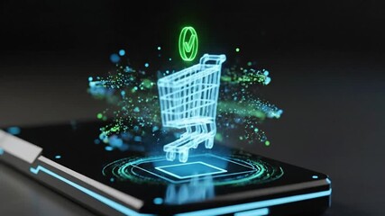 Holographic shopping cart and checkmark on smartphone for successful online e-commerce - Powered by Adobe