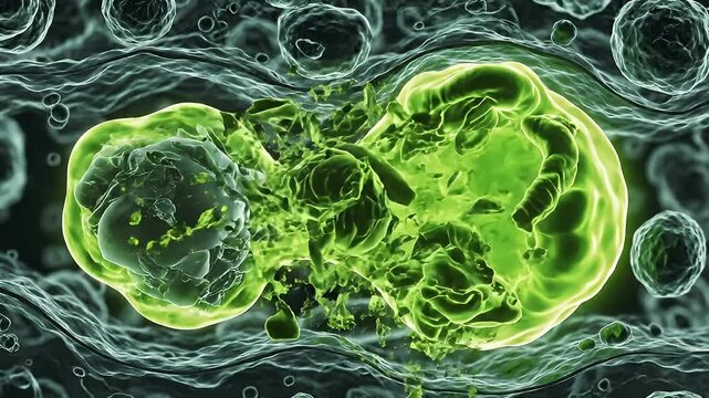 Microscopic view of a cell with green nucleus and surrounding fluid.