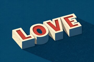 Love Word 3D Typography on Blue Background