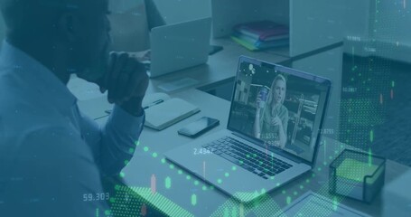 Man leaning chin analyzing market data during online call, animating green and red chart overlays - Powered by Adobe