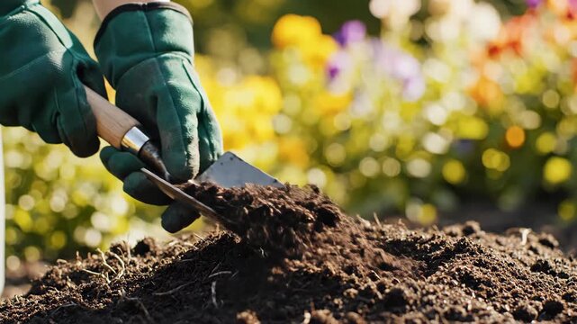 Close-up of gardener hands holding a trowel full of fertile soil. Person wearing gloves preparing to plant in a garden with colorful flowers. Spring gardening and horticulture concept