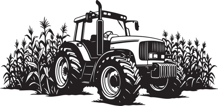 Tractor in a field of corn illustration black and white