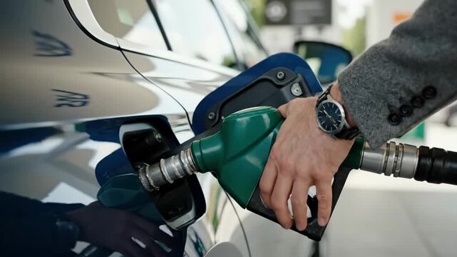 Close-up of a man's hand refueling a car with a green gas pump nozzle. Driver filling petrol tank at a service station. Fossil fuel energy and transportation concept