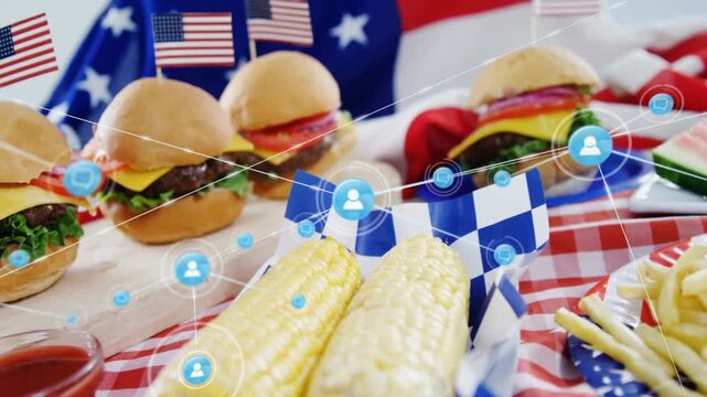 Profile icons fading above ketchup and radiating lines, visualizing social network over picnic food