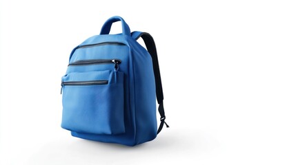 Naklejka premium Modern blue backpack with multiple zippered pockets, perfect for school or travel, isolated on a crisp white background