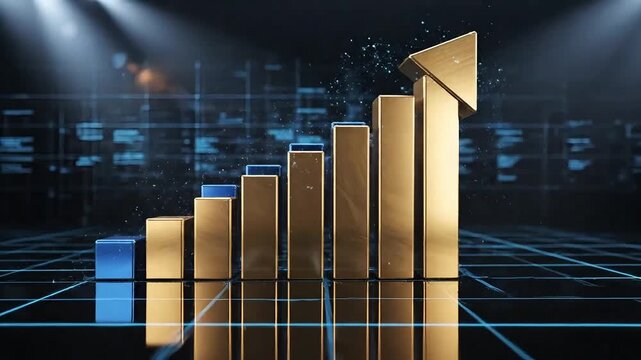 Shining gold and blue bars ascending in a dark futuristic room with spotlight