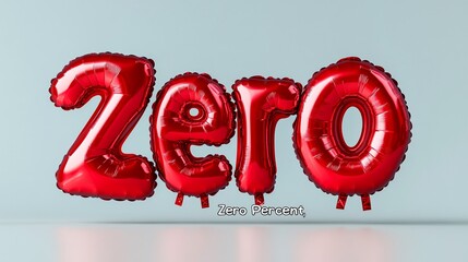 Red balloons spelling out zero percent on light blue background
