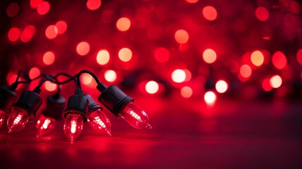 Vibrant red string lights shining brightly in dark background