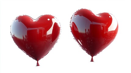 Two shiny red heart shaped balloons on white background
