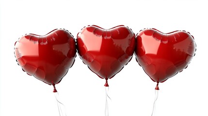 Three shiny red heart balloons floating on white background