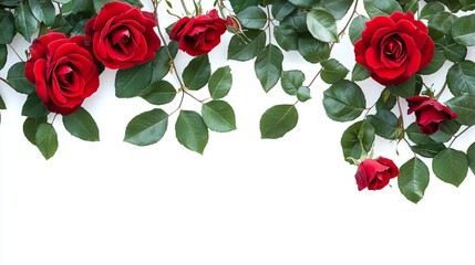 Vibrant red roses and green leaves on white background