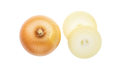 Golden onion and onion slices isolated PNG, fresh vegetable for cooking and healthy eating on transparent background