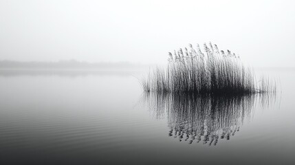 Serene lake scene with reeds on a foggy day