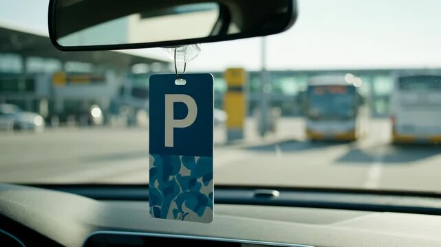 Hand hanging parking permit tag on car rearview mirror. Airport parking lot in background. Travel and transportation concept
