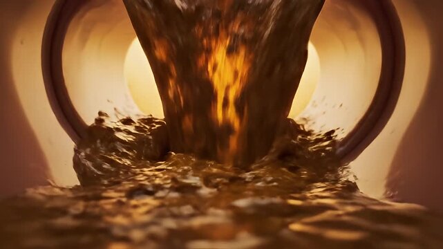 Molten metal pouring into a mold with golden glow.