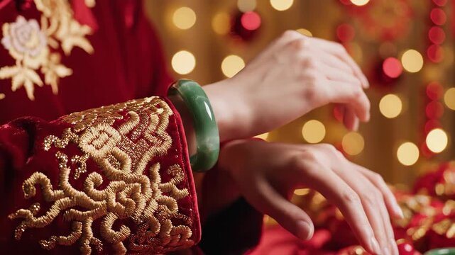 Woman in a traditional red dress adjusts a green jade bangle on her wrist. Close-up of Chinese jewelry for a wedding or Lunar New Year celebration. Festive cultural concept