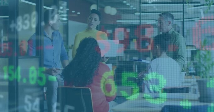 Presenter scrolling laptop slides and guiding team analyzing financial data overlays for review