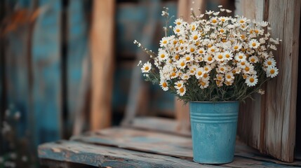 Beautiful bouquet of white daisies in a blue metal vase on a rustic wooden bench outside