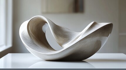 Modern abstract sculpture on white table in minimalist room