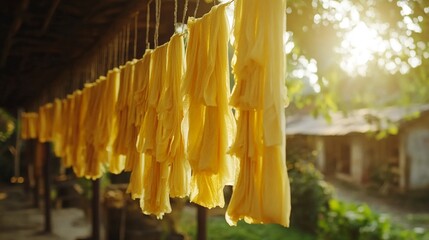 Vibrant yellow noodles drying in a sunny outdoor setting