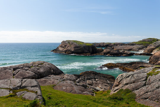Turquoise sea with rocky bays and fine white sand. Summer, Ogna, Rogaland, Norway.