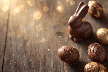 A beautiful postcard. A banner. Chocolate Easter eggs and a chocolate rabbit on a wooden background. Easter sweets and treats. The concept of a bright Easter holiday in 2026.