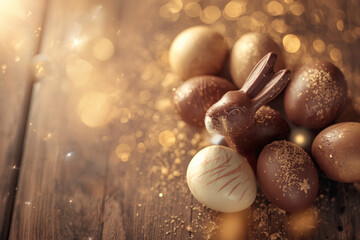 A beautiful postcard. A banner. Chocolate Easter eggs and a chocolate rabbit on a wooden background. Easter sweets and treats. The concept of a bright Easter holiday in 2026.