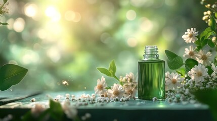 Green essential oil bottle surrounded by white flowers and leaves