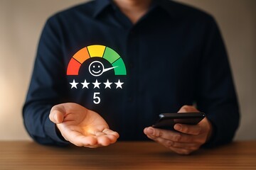Person holding five star rating satisfaction level review experience success evaluation positive feedback customer service quality trust excellence business reputation concept