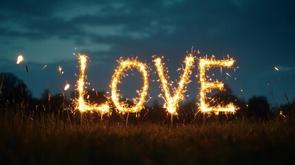 Sparkling love message in a serene natural setting at dusk