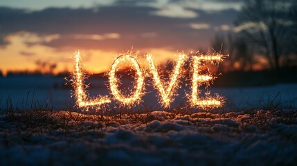 Sparkling love message in snowy landscape at sunset