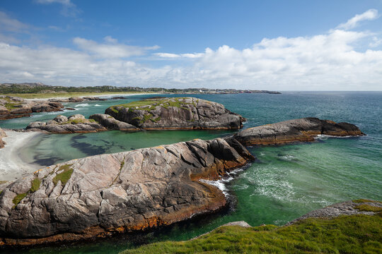Turquoise sea with rocky bays and fine white sand. Summer, Ogna, Rogaland, Norway.