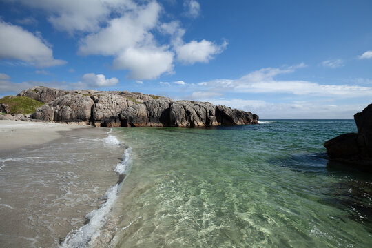 Turquoise sea with rocky bays and fine white sand. Summer, Ogna, Rogaland, Norway.