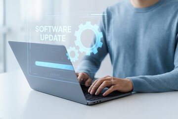 Person using laptop installing latest software update with progress bar and digital gear icons showing technology development and system improvement concept for computer maintenance