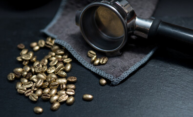 Golden Coffee Beans with Espresso Portafilter Symbolizing Luxury and Rising Prices