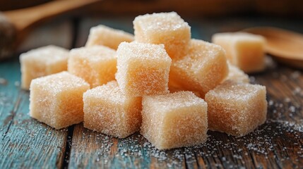 Sugar cubes piled on rustic wooden table with spoon