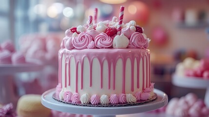 Delicious pink and white birthday cake with sweet treats