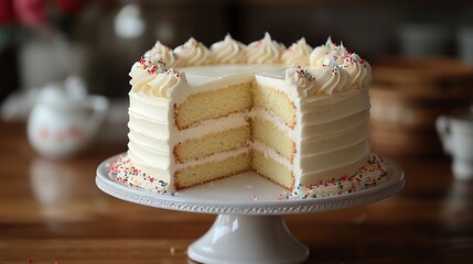 Delicious white frosted cake with sprinkles on a pedestal