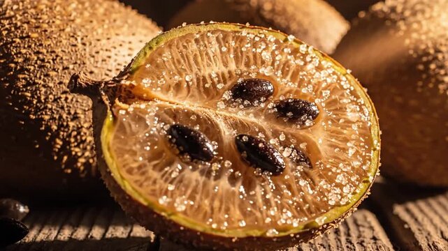 Halfcut fruit showcasing seeds  glistening crystals set on weathered wood surface