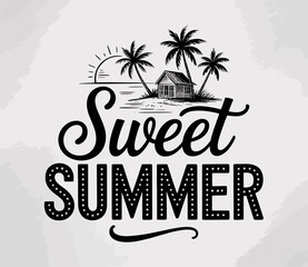 A serene illustration depicting a tropical island with palm trees and a beach house, embodying the essence of sweet summer and inviting feelings of relaxation and warmth.