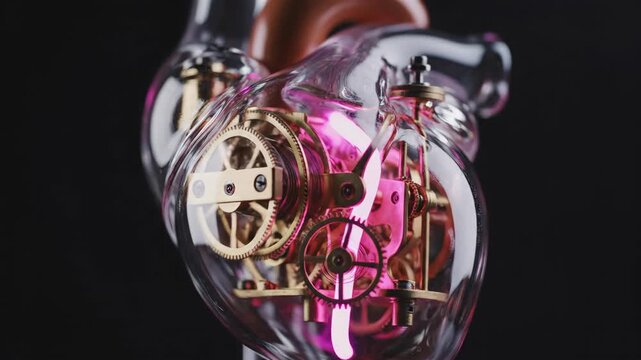 Mechanical glass heart with clockwork gears and pulsing pink neon light. 3D animation of an artificial organ beating with golden cogs. Steampunk love concept for Valentine's Day