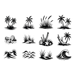 Tropical beach icons with palm trees and waves.
