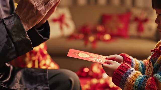 Close-up of elderly hands giving a red envelope to a child. Traditional Chinese New Year gift exchange. Lunar New Year celebration concept