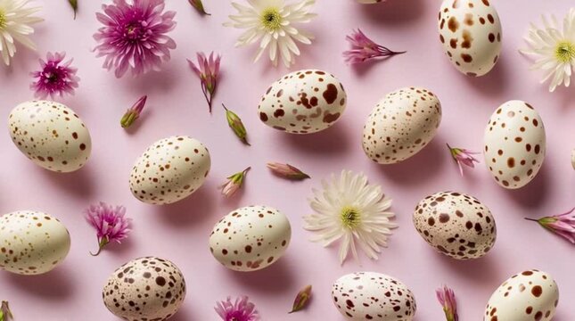 Speckled Easter Eggs with Spring Flowers on Pink Background