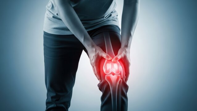 Woman holding painful glowing red knee joint indicating injury on blue background
