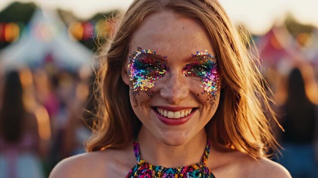 Young woman with colorful glitter makeup smiling at a music festival. Happy female enjoying a summer concert or party outdoors at sunset. Celebration and youth lifestyle concept