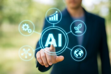 Artificial intelligence ai concept with businessman touching virtual screen showing ai innovation automation technology data analysis machine learning digital transformation future growth